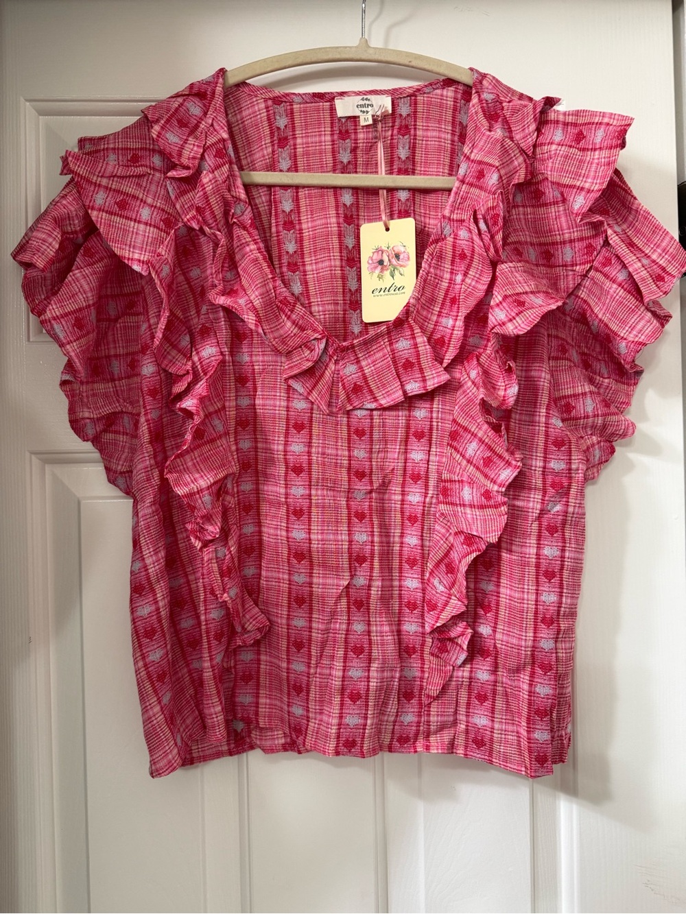 entro Pink Plaid & Hearts Ruffle Flutter Sleeve Blouse *NWT